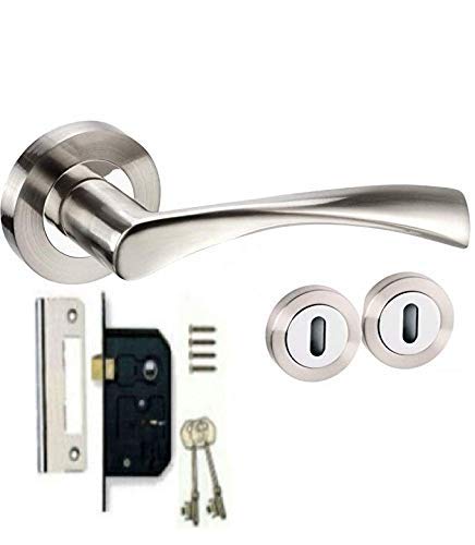 Jiyo.Outdoor Astrid Design Modern Door Handle Lock Set in Duo Chrome Finish with 3 Lever Lock & 2 Keys