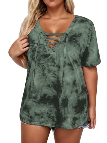 VISLILY Womens-Plus-Size-Summer-Tops Casual Lace Up Front T Shirts Tie Dye V Neck Tees Trendy Short Sleeve Tunics XL-5XL2