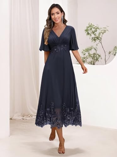 Tea Length V Neck Mother of The Bride Dresses with Sleeves for Women Lace Applique Formal Evening Gowns3