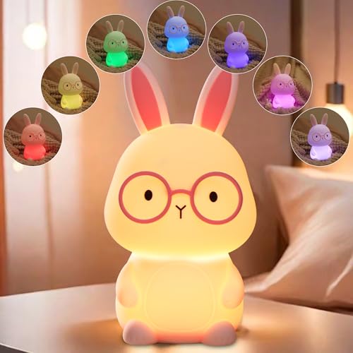 Bunny Night Light for Kids, Soft Silicone Nursery Lamp, 7-Color Glow, 3-Level Dimmable Warm Light, Tap Control, 30Min Timer, Rechargeable, BPA-Free,...