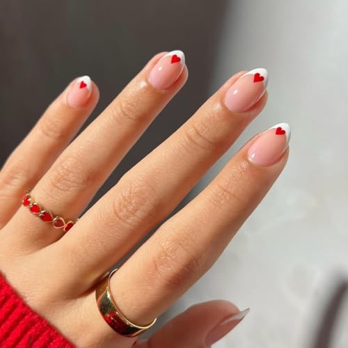 Heart Press on Nails Short Almond Fake Nails Cute French Tip Nails Press ons with Red Love Heart Design Reusable Artificial Nail Full Cover Stick on Nails for Women Manicure 24Pcs