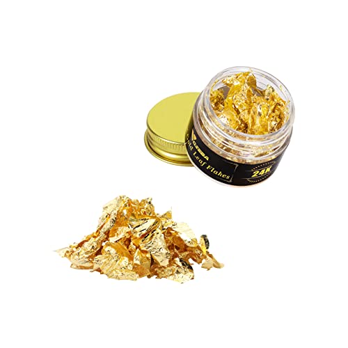 VGSEBA feuilles d'or comestible flocons, 25 MG 24K plaques décoratives de flocons d'or, véritable feuille d'or pour la cuisine, gâteau, vin, décorations alimentaires (24k gold flakes-25mg) Cover