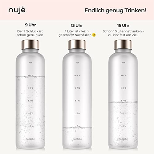 nujë Trinkflasche 1l Kohlensäure geeignet mit Zeitmarkierung (inkl. Geschenkverpackung) für Sport, Wandern, Fitness I… - Image 4
