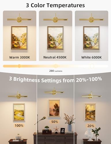 VOLISUN Picture Lights for Wall, 15.7'' Rechargeable Picture Light Battery Operated, 3 Color Temps Cordless Picture Light with Remote, Magnetic Art Light for Painting, Gallery, Portrait, 1 Pack(Brass)