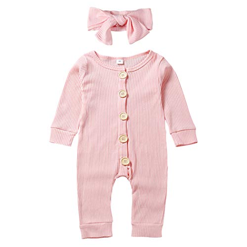 Jurebecia Baby Boy Girl Solid Color One Piece Romper Pajamas Jumpsuit Outfits Clothes with Bowknot Headband(Pink, 6-9Months)