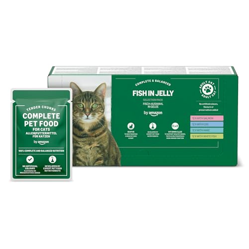 by Amazon Katzenfutter, nass, getreidefreies, für ausgewachsene Katzen, Fisch-Auswahl in Gelee, 4,8 kg (48 Packungen à 100 g)