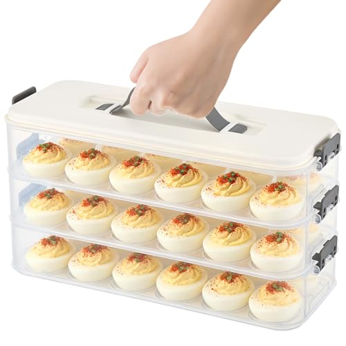 HFYZZ 3-Layer Deviled Egg Container with Lid and Handle, Clear Plastic Deviled Egg Carrier for Fridge, Portable Stackable Eggs Holder Platter for Easter Party Picnics Camping Travel