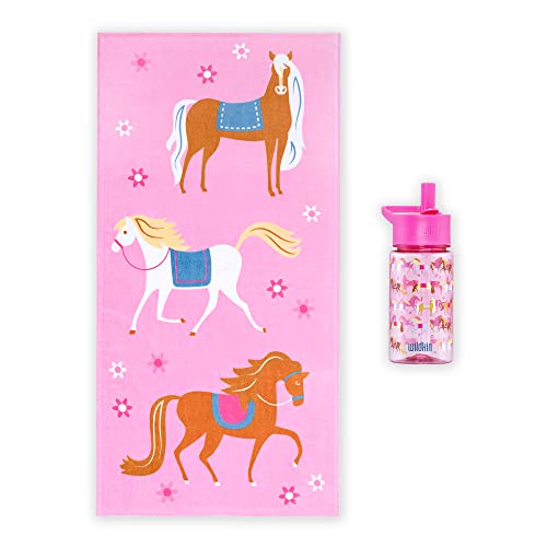 Wildkin Kids Beach Towel Bundle With 16 Ounce Reusable Water Bottle (Horses) #TOP4