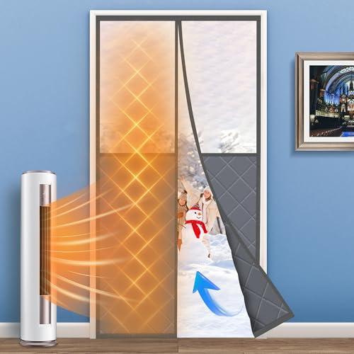 Magnetic Thermal Insulated Door Curtain, Fits Door Size 34" x 82", Center Opening, Durable Oxford Cloth&Thicken Polyester Fiber, Weighted Bottom,Temporary Door Thermal Curtains
