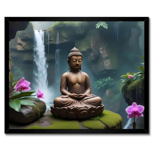 Bouddha en méditation poster sous cadre blanc 50x40cm pour salon zen
