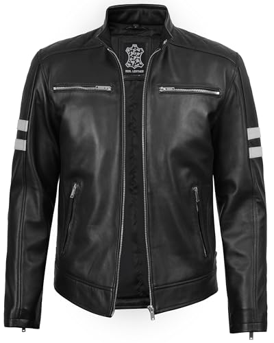 Image of fjackets Mens Leather Jacket - Real Lambskin Cafe Racer Moto Biker Stand Collar Jacket