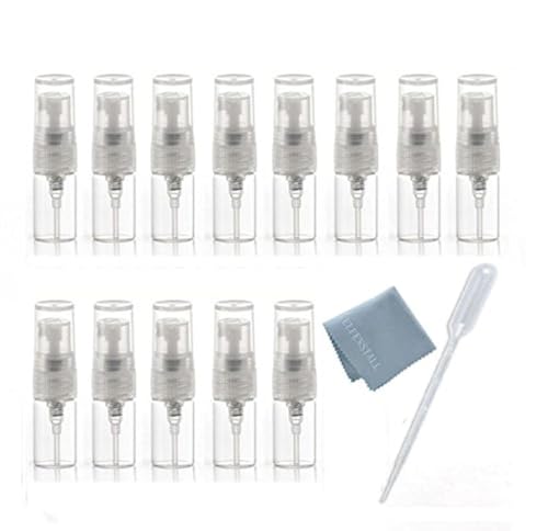 Elfenstall- 10pcs Mini Clear 2ml 5/8 Dram Fine Mist Atomizer Vial Glass Bottle Spray Refillable Perfume Empty Sample Bottle Clean Cloth for Travel Party Free 3ML Dropper