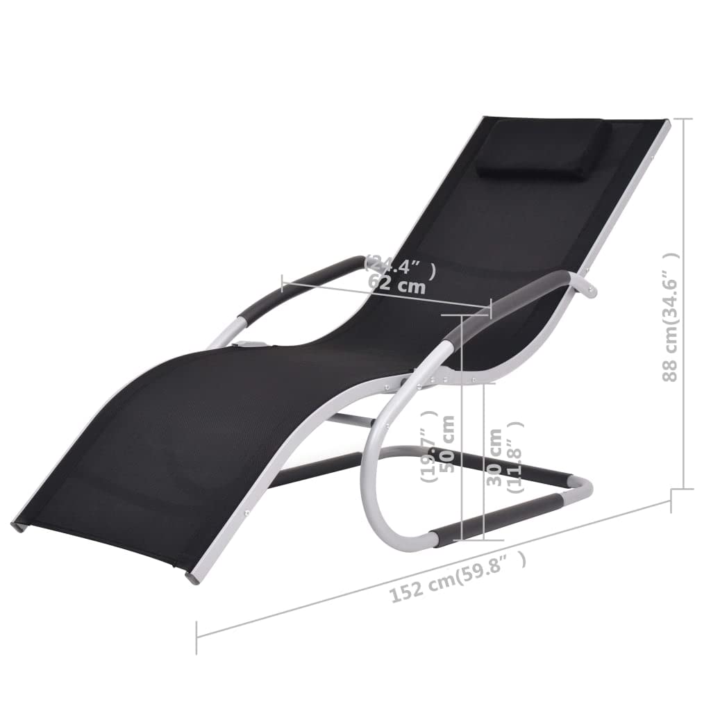 Leżak do opalania z aluminium z tekstylenem w kolorze czarnym, do ogrodu, na taras i basen, regulowany, składany, z podłokietnikami, ergonomiczny, trwały, odporny na warunki atmosferyczne