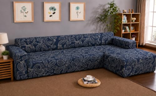 Image of Gifts Island Premium 160GSM Super Soft Blue Ash Stretchable Sofa Cover L Shape 6 Seater Fully Covered | Suitable for Both Left and Right Side Chaise Sofa (Blue Ash, 3+3 Seater)