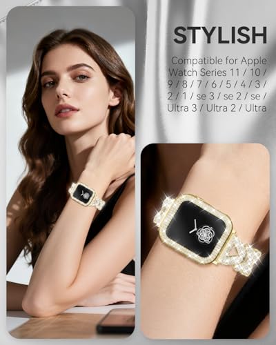 Image of Rhinestones Encrusted Metal Bracelet and Case, Compatible with Apple Watch Bands 38mm-49mm (Series 11 /1 /SE /Ultra 2)- Bling Gold Women's Jewelry Strap, Luxury iWatch Bracelet with Screen Protector