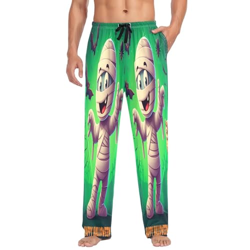 Qilmy Halloween Cute Mummy Men's Cotton Pajama Pants, Lightweight Lounge Sleepwear with Drawstring and Pocket