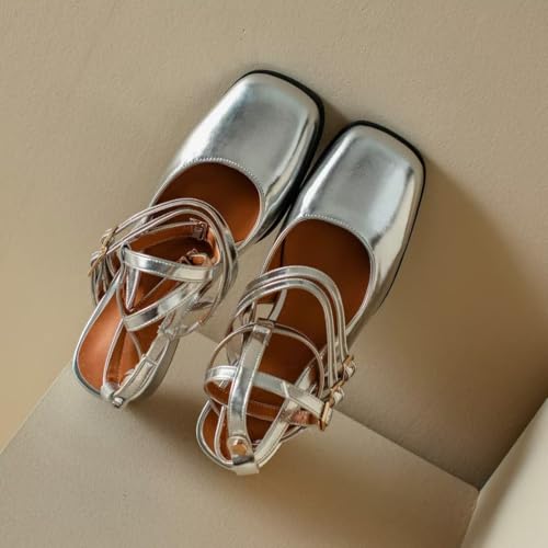 KISSASA Punk Goth Mary Jane Shoes Patent Leather Square Toe Chunky Heel Buckle Strappy Pumps Silver Size 94