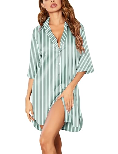 Image of Ekouaer Women's Satin Nightshirt Button Down Sleepshirt Silk 3 /4 Sleeve Nightgown Boyfriend Notch Collar Sleepwear S-3XL