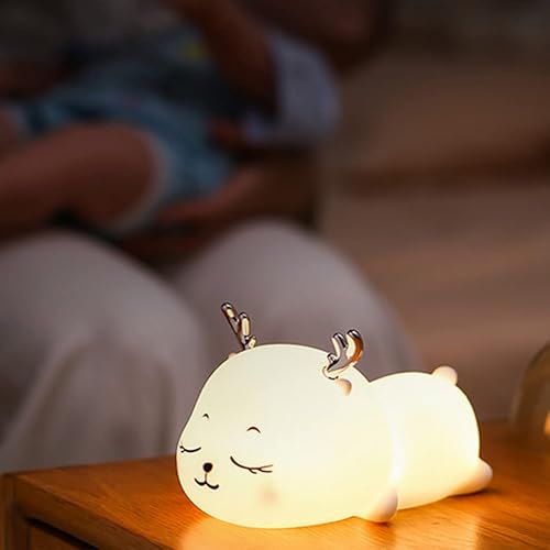 Miniatura 6 de Aolyty Luz nocturna para niños, lindo ciervo, de silicona, lámpara para niños pequeños, recargable por USB, luz nocturna con función de temporizador