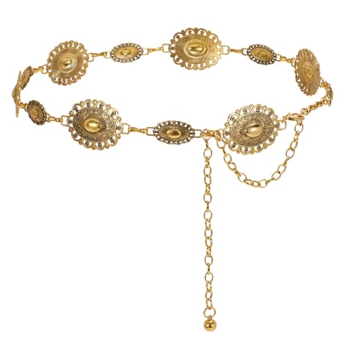 JASGOOD Western Metal Concho Belt for Women Cowgirl Waist Chain for Women Dress Pants Retro Gold