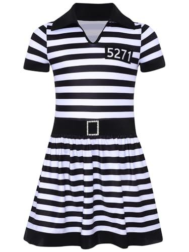 renvena Girls Striped Prisoner Dress Kids Black and White Inmate Jail Criminal Convict Fancy Dress3