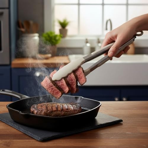 Deconox Mutfak Maşası Yemek Izgara Salata Barbekü Kızartma Maşası, Isıya Dayanıklı Paslanmaz Çelik Saplı Silikon Yemek Maşası 3 Renk Seçeneği (Gri-Krem-Bej) (BEJ) - Görsel 1