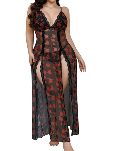 Image of Alrovetoney Plus Size Lingerie For Women Babydoll Sexy Mesh Maxi Nightdress Exotic Sleepwear Side Slits