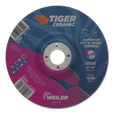 Weiler TIGER Standard (Type 27) Ceramic Cut & Grind Wheel - 30 Grit - 6 in Diameter - 7/8 in Center Hole - 1/8 in Thick - 58319 [PRICE is per WHEEL]