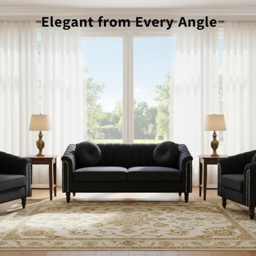 Image of Sofa and Loveseat Set, Microfiber Living Room Set with Wood Legs, 3 Piece Living Room Furniture, Modern 3-Seater Sofa + 2-Seater Loveseat + Accent Chair Sets, for Home Office, Black