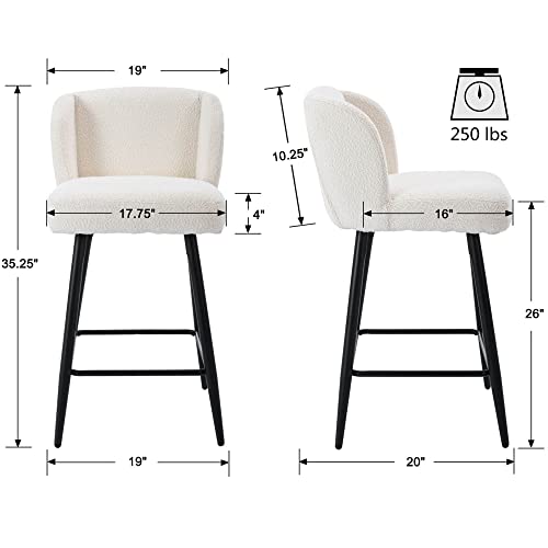 Butacos para barra de cocina con respaldo medio acolchado, 26 pulgadas, tapizados en felpa sherpa, patas metálicas negras, juego de 2, color blanco miniatura 2