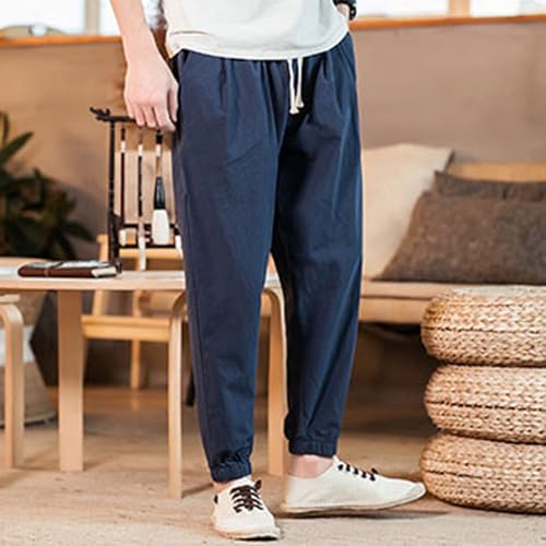 Mens Casual Cotton Linen Pants Big and Tall Elastic Drawstring Waist Pant Loose Comfy Summer Beach Pants Cinch Bottom4
