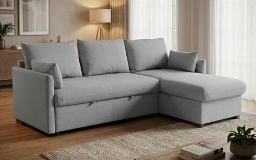 BUDWING Orlando Sofá Cama Esquinero 3 Plazas – Chaise Longue Reversible con Almacenaje – Estilo Contemporáneo, Tejido Técnico Antimanchas – 221x160,5x88 cm – Gris Piedra