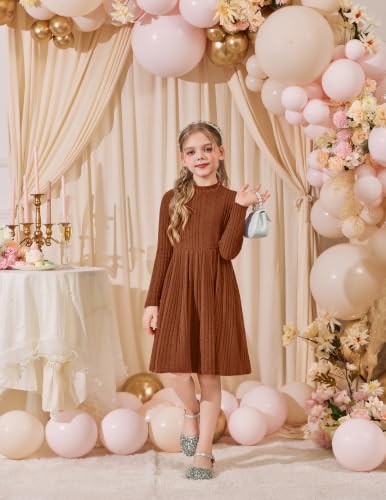 Image of Arshiner Girls Dresses Long Sleeve A Line Knit Sweater Dress with Pockets