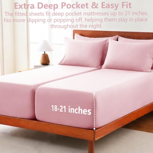 Image of CozyLux 7-Piece Split King Sheets, Fits 18-21 Inch Mattresses, Oeko-TEX | 4 Pillowcases, 1 Flat Sheet and 2 Fitted Sheets with All-Around Elastic, 21-Inch Deep Pockets for a Secure Fit, Pink