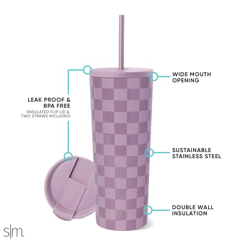 Image of Simple Modern Insulated Tumbler with Lid and Straw | Iced Coffee Cup Reusable Stainless Steel Water Bottle Travel Mug | Gifts for Women Men Her Him | Classic Collection | 24oz | Lavender Checkmate
