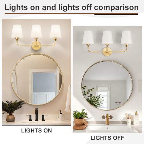 Image of Bathroom Vanity Light, Brushed Gold Bathroom Lighting Fixtures Over Mirror | 3-Light Bathroom Light Fixtures with Flared White Fabric Shade, E26 Socket (ETL Listed)