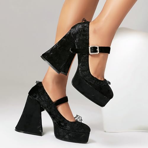 LUXMAX Women's Goth Lolita Shoes Platform Mary Janes Chunky Heel Pumps Lace Flower Gothic Heels Cosplay Shoes 5