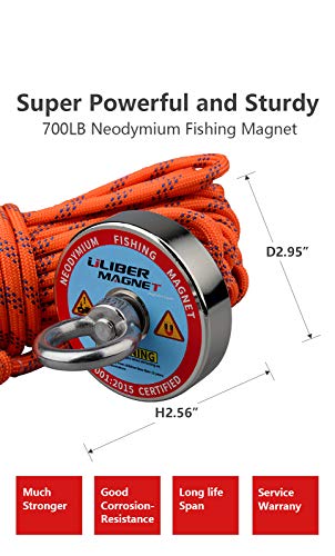 ULIBERMAGNET 800lbs Fishing Magnet,Powerful Lifting Magnets N52 Neodymium Magnets with 20m(66Feet) Durable Rope,Strong Magnets for Salvage and Magnetic Recovery