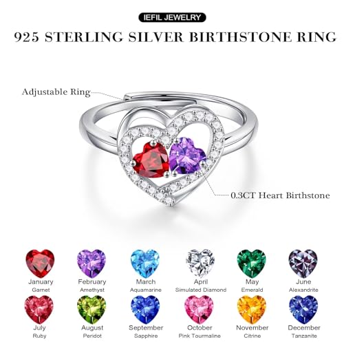 Iefil Adjustable Ring for Women - 925 Sterling Silver Double Birthstone Rings, Anniversary Birthday Gifts for Women Wife Her3