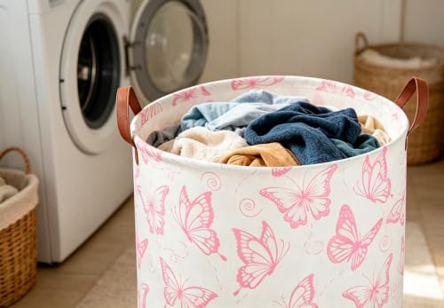 Image of CLOCOR Laundry Basket,Waterproof Clothes Hamper,Collapsible Storage Bin,Room Decor,Gift Basket(Pink Butterfly