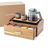 HOMTERRA | Teebox mit Schublade aus Akazienholz | stilvolle Tee Aufbewahrung mit 8 F&auml;chern (bis zu 144 Teebeutel) | Teebeutel Organizer mit gro&szlig;z&uuml;giger Ablagefl&auml;che | Ma&szlig;e: 33 cm x 20 cm x 13 cm