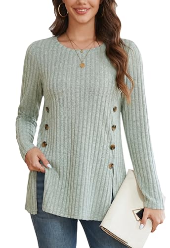 Image of Enmain Jumpers for Women Long Sleeve Sweatshirt Lightweight Symmetrical Button Down Striped Green Tops L