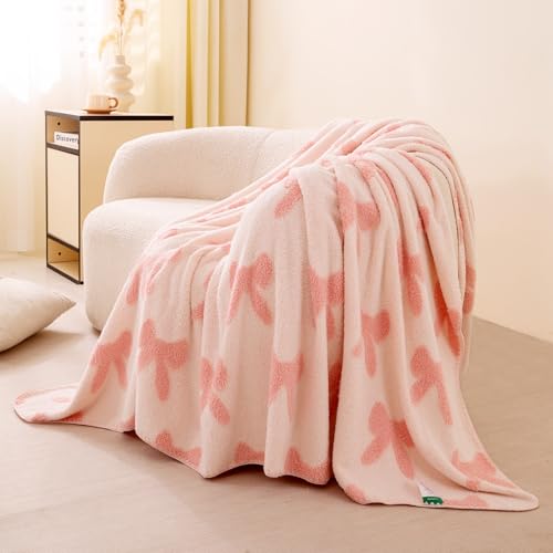 TrellisJoy Pink Bow Blanket Preppy Room Decor Throw for Girl Women 50"x60"