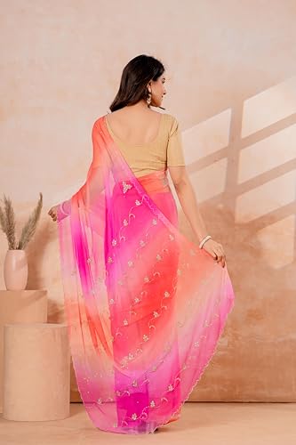 Image of Ombre Saree with Sequin Embroidery for Women | Pink Orange Gradient Saree | Wear, Festive and Occasion Saree with Blouse Piece | Pink | Pack of 1