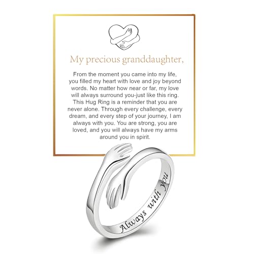 To My Granddaughter Hug Ring For Hope Rings, Inspirational Stainless Steel Engarved With Always With You Message Adjustable Ring for Women Non Tarnish Jewelry Gift for Her Birthday Christmas