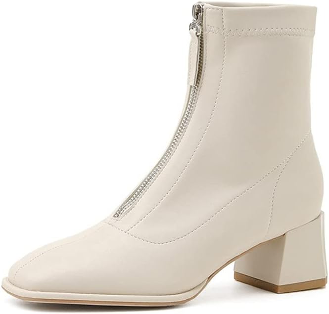 MATERUIEYES Square Toe Front Zipper Thick Heel Design Ankle Boots Pure Color Short Boots