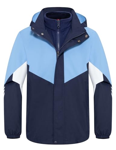 Echinodon Kids 3 in 1 Waterproof Jackets Girls Hood Windproof Coat Kids Inner Fleece Outerwear Dark Blue 140