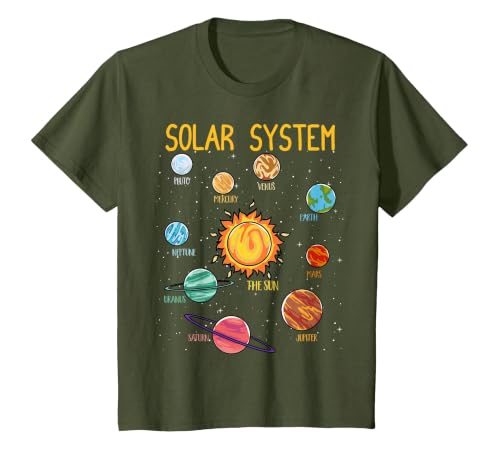 Solar System Planets Science Space Boys Girls STEM Kids T-Shirt, Youth, Olive Green, Medium