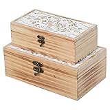 DECOR4SEASON Wooden Storage Box Set of 2 - Hand Carved Floral Decorative Boxes with Hinged Lids - Solid Pine Keepsake Organizer for Jewelry, Photos, and Rustic Farmhouse Home Décor