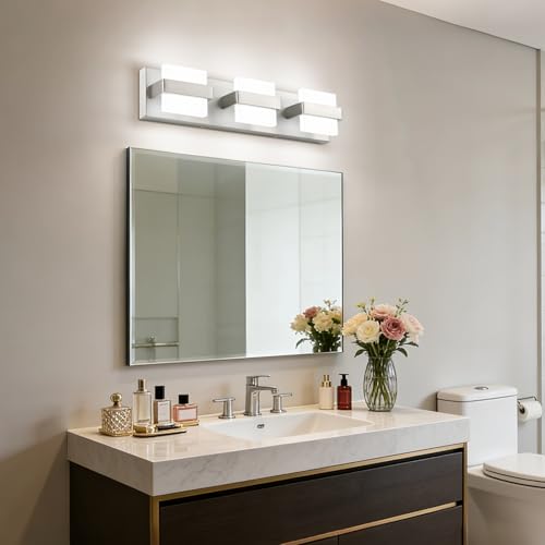 SOLFART Brushed-Nickel Bathroom Vanity Light Fixtures Over Mirror,3 Lights Bath Lighting Restroom Light Modern LED Vanity Lights for Bathroom Bath Lights by SOLFART - Used condition - Image 8